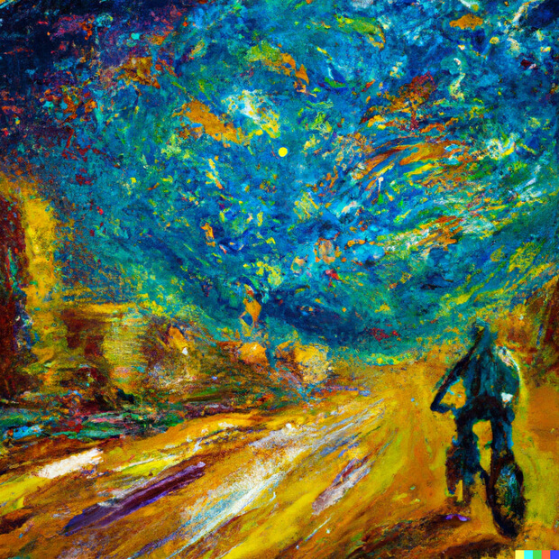 biking through a beautiful city depicted as an exploding nebula, oil painting - version 1